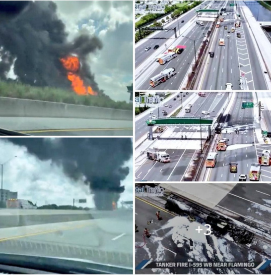 Explosión en la I-595: Camión cisterna arde en llamas y deja un herido tras un impactante accidente que paralizó Davie por 11 horas