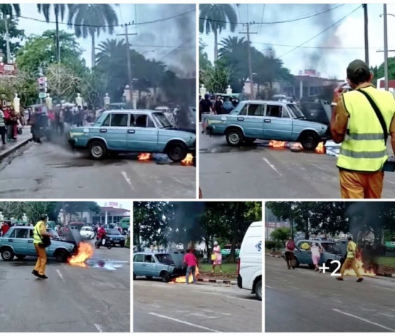 Incendio de auto estatal en Camagüey: transeúntes gritan consejos absurdos ¡Mira el video del insólito momento!